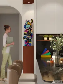 A woman walking in a modern kitchen with a colorful bear sculpture, featuring contemporary decor and optimized layout, showcasing Homestyler's 3D rendering capabilities.