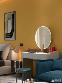 A modern vanity table with a round mirror, styled in a contemporary living room with a vibrant yellow wall, showcasing interior decor elements; features Homestyler's real-time 3D rendering for effective design proposal presentation.