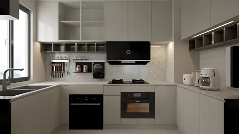 modern kitchen design featuring sleek cabinets and a minimalist layout with smart furniture arrangement optimizing space, utilizing Homestyler's real-time 3D rendering for a realistic preview.