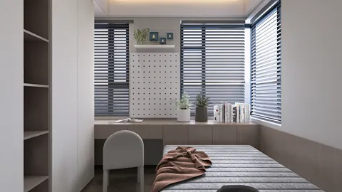 minimalist bedroom interior design featuring a simple bed and a study area with a desk and shelving, showcasing space optimization with Homestyler's smart furniture arrangement feature.