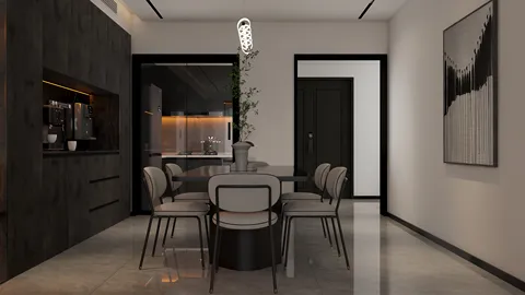 modern dining room featuring a sleek round table with elegant chairs, showcasing a minimalist design style, enhancing the dining space with contemporary aesthetics while utilizing Homestyler's real-time 3D rendering feature.