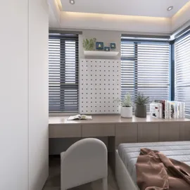 Modern bedroom featuring a minimalist design with a cozy bed and a streamlined workspace, utilizing Homestyler's real-time 3D rendering for an accurate visual preview of the space.