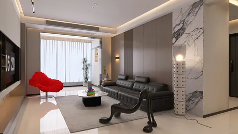 Modern living room featuring a sleek black sofa and a vibrant red armchair, showcasing a luxurious minimalist design aesthetics, utilizing Homestyler's real-time 3D rendering for effective space visualization.