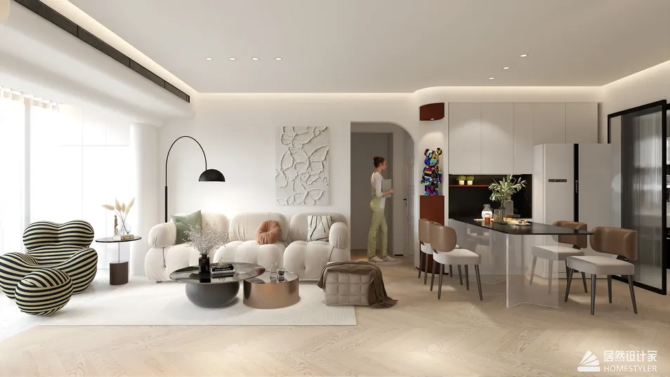 Modern living room design featuring a cozy sofa and stylish decor , showcasing interior design ideas for small spaces using Homestyler's real-time 3D rendering functionality.