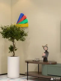 A modern living room featuring a decorative plant beside a stylish console table with a character figurine, designed in a contemporary style for enhancing interior decor; showcasing Homestyler's real-time 3D rendering capability.