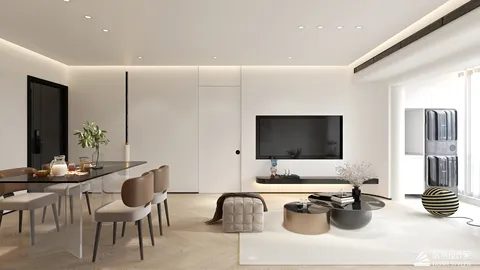 modern living room design featuring a sleek dining table and minimalist decor, designed using Homestyler's real-time 3D rendering for optimized viewing experience.