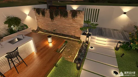 outdoor garden with a stone wall design featuring modern lighting and green landscaping, creating a serene relaxation space, utilizing Homestyler's real-time 3D rendering feature.