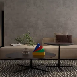 modern coffee table arrangement with vibrant geometric shapes in a contemporary living room design, showcasing interior decor ideas using Homestyler's 3D rendering feature for effective renovation preview.