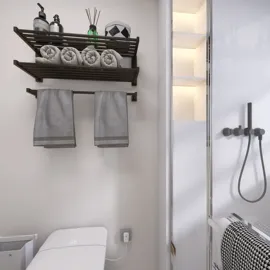 bathroom shelves with towels and decor items displaying modern design style for optimal interior decor, featuring Homestyler's real-time 3D rendering capability.