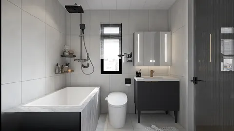 modern bathroom design featuring a freestanding bathtub and an elegant vanity, showcasing a sleek and minimalist style, highlighting the bathroom's spaciousness with Homestyler's real-time 3D rendering.