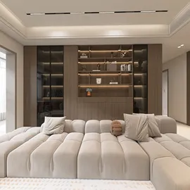 Luxe living room with plush sofa design and warm wood accents, showcasing a cozy atmosphere, featuring Homestyler's real-time 3D rendering for design previews.