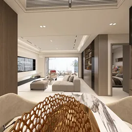 modern living room interior showcasing furniture arrangement in a minimalist style, emphasizing spaciousness and natural light, leveraging Homestyler's real-time 3D rendering feature.