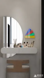 Modern vanity table with makeup and skincare products, styled in a minimalistic approach, enhancing personal grooming space, showcasing Homestyler's real-time 3D rendering feature.