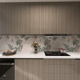 modern kitchen featuring sleek cabinetry and decorative tile backsplash with floral patterns, designed using Homestyler's real-time 3D rendering for an optimized interior decor experience.
