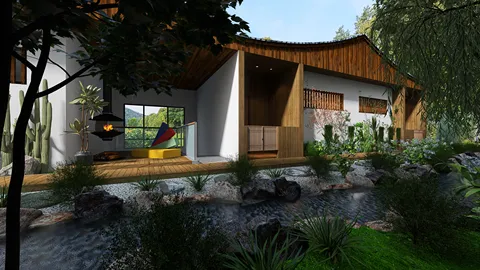 modern exterior design showcasing an outdoor relaxation area with natural landscaping and a serene water feature, highlighting Homestyler's real-time 3D rendering capability.