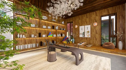 a serene living room featuring a wooden bookshelf filled with decorative items and a unique coffee table, showcasing a modern minimalist style perfect for interior decor, utilizing Homestyler's real-time 3D rendering feature for design visualization.