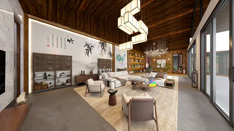 modern living room showcasing furniture arrangement in a minimalist style, featuring Homestyler's real-time 3D rendering for interior design optimization.