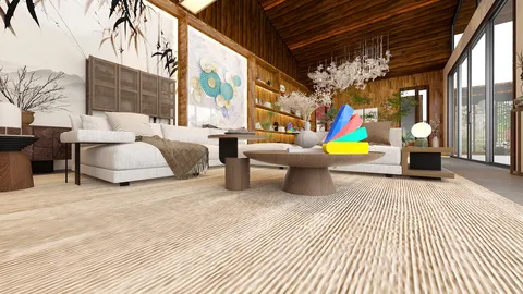 modern living room design featuring a spacious layout with a cozy sofa and artistic decor, showcasing a rustic style that highlights the warmth of wood; utilizing Homestyler's real-time 3D rendering for effective design presentation.