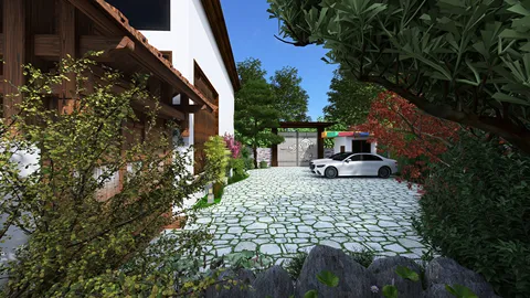 landscape view of a modern home with a driveway, showcasing car placement and vibrant greenery, designed using Homestyler's real-time 3D rendering feature.