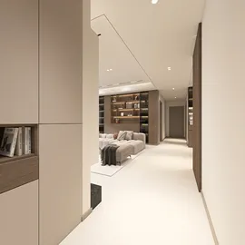 Modern hallway featuring smart furniture arrangement in a contemporary style, showcasing interior decor optimization using Homestyler's real-time 3D rendering.