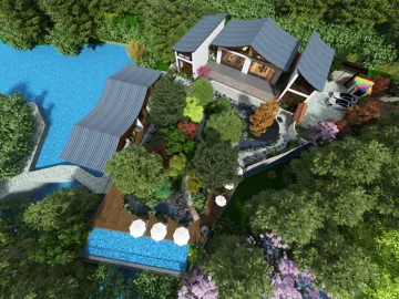 Aerial view of a modern villa with a landscaped garden, showcasing an outdoor pool, surrounded by trees and water features, embodying contemporary architectural design and utilizing Homestyler's real-time 3D rendering for enhanced visualization.