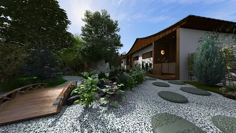 Japanese garden design featuring wooden bridge and stone pathway, enhancing outdoor tranquility with lush greenery, utilizing Homestyler's real-time 3D rendering for immersive visualization.