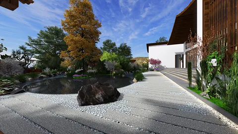 serene garden landscape design enhancing harmony with nature featuring a tranquil water pond and lush greenery created by Homestyler's real-time 3D rendering feature