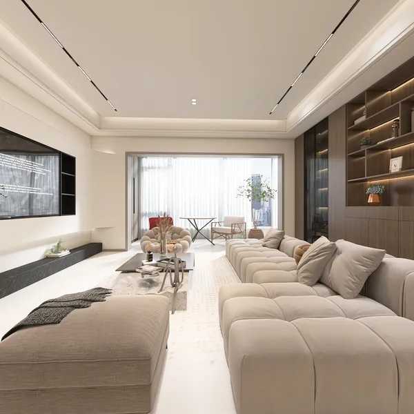 modern living room with a spacious layout featuring a cozy sectional sofa, enhancing relaxation and comfort in interior design; showcasing Homestyler's real-time 3D rendering for design proposals.