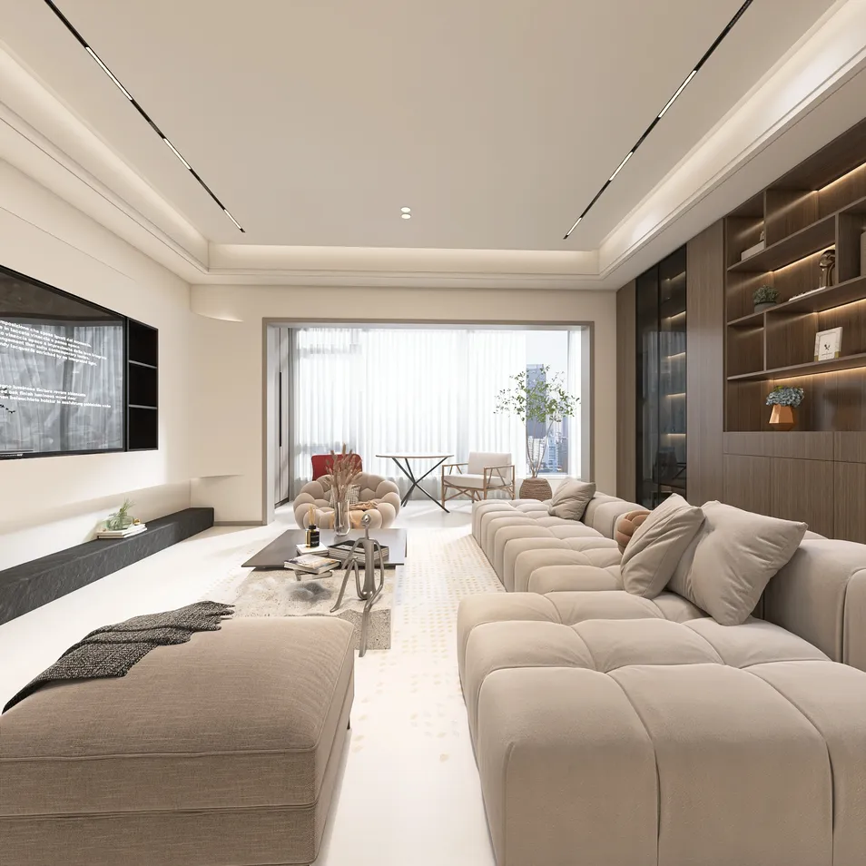 modern living room with a spacious layout featuring a cozy sectional sofa, enhancing relaxation and comfort in interior design; showcasing Homestyler's real-time 3D rendering for design proposals.