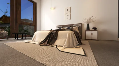 A modern bedroom with a cozy bed featuring a neutral-toned blanket, showcasing a warm and inviting atmosphere. This interior design emphasizes comfort and style, utilizing Homestyler's real-time 3D rendering for an efficient visual preview.