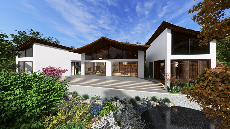 modern villa exterior design showcasing a harmonious blend of natural elements and contemporary architecture, emphasizing outdoor living space and garden integration using Homestyler's real-time 3D rendering feature.