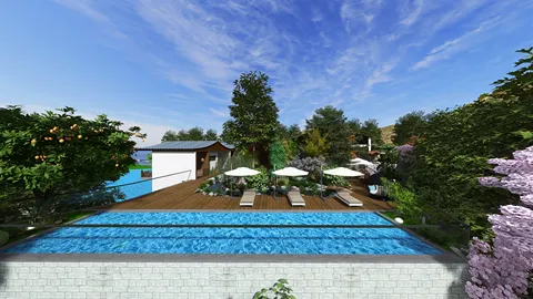 swimming pool area with lounge chairs and umbrellas surrounded by lush greenery and flowers in a tranquil outdoor setting, highlighting outdoor design with Homestyler's real-time 3D rendering feature.