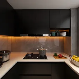 modern kitchen with stylish dark cabinetry and ambient lighting, showcasing efficient interior design for small spaces using Homestyler's real-time 3D rendering feature