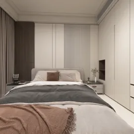 bedroom design featuring a modern bed arrangement with neutral colors and elegant textiles, incorporating smart furniture layout for optimized small spaces using Homestyler's real-time 3D rendering feature.