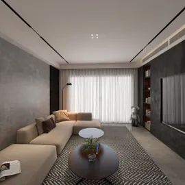 modern living room with minimalist design featuring a cozy sectional sofa and sleek coffee table, showcasing interior decor ideas using Homestyler for effective space optimization.