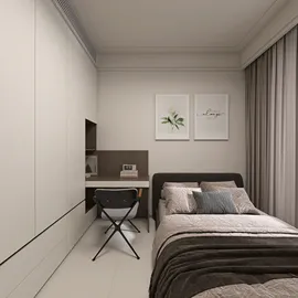 minimalist bedroom design with a single bed and workspace featuring smart furniture arrangement, emphasizing space optimization, showcasing Homestyler's real-time 3D rendering capabilities.