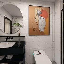 modern bathroom design featuring a minimalist sink and artistic wall decor, showcasing a sleek aesthetic in interior decoration with Homestyler's real-time 3D rendering feature.