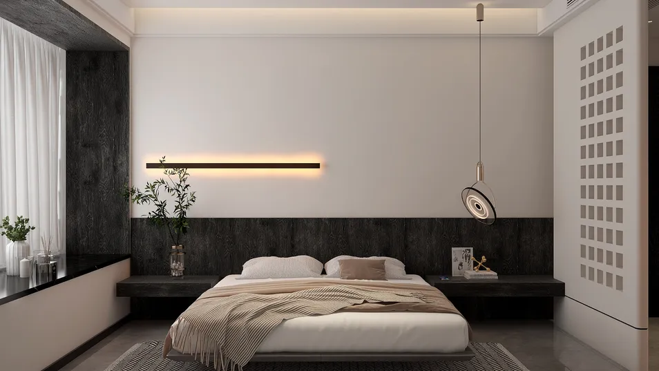 modern bedroom design showcasing a cozy layout with a neutral color palette, utilizing Homestyler's real-time 3D rendering for an accurate preview of the room's aesthetics.