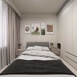 modern bedroom design featuring a cozy bed and minimalist decor, showcasing a relaxing atmosphere with natural light, utilizing Homestyler's real-time 3D rendering feature