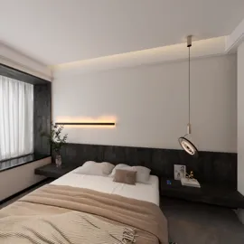 Cozy bedroom featuring a minimalist bed design and warm lighting, designed using Homestyler's real-time 3D rendering feature, showcasing contemporary interior decor.