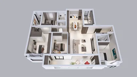 3D interior layout design showcasing room arrangement and furniture placement, modern style, optimized for small spaces, featuring Homestyler's real-time 3D rendering capability.