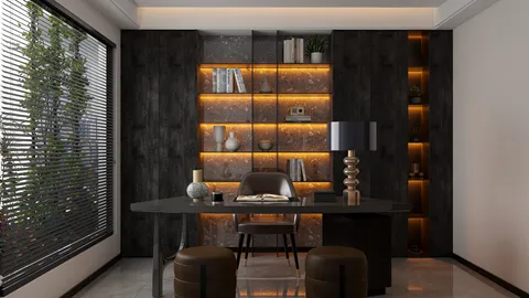 modern office design featuring a sleek desk and illuminated shelves, showcasing a contemporary style in a workspace, utilizing Homestyler's real-time 3D rendering for a precise preview.