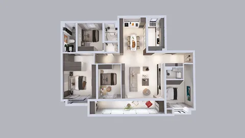 3D interior layout of a modern apartment showcasing smart furniture arrangement for optimal space utilization, featuring Homestyler's real-time 3D rendering.