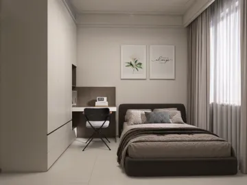 modern bedroom design featuring a bed and workspace with minimalist decor, showcasing interior decor ideas, enhanced by Homestyler's real-time 3D rendering feature.