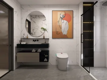 modern bathroom design featuring a sleek toilet, stylish vanity with a mirror, and a chic shower enclosure, showcasing a contemporary aesthetic and optimized functionality using Homestyler's real-time 3D rendering feature.