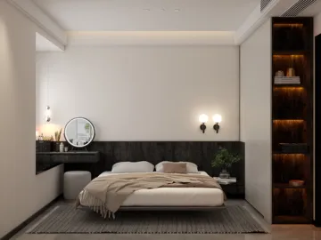 Modern bedroom design featuring a cozy bed arrangement, minimalist style, and a focus on space optimization using Homestyler's real-time 3D rendering feature.