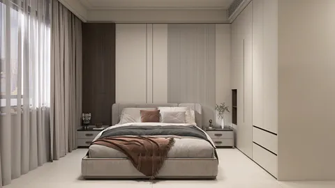 modern bedroom design featuring a bed with neutral bedding and decorative throw, showcasing minimalistic style and optimal space value; utilizing Homestyler's real-time 3D rendering for an accurate visual preview.