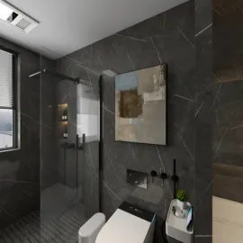 modern bathroom design featuring a glass shower enclosure and minimalist decor with a contemporary aesthetic, showcasing functionality with real-time 3D rendering using Homestyler.