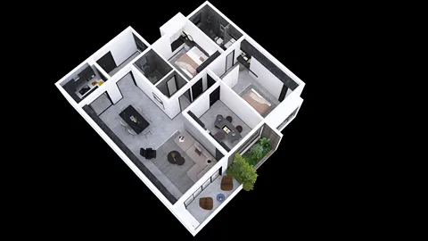 3D floor plan visualization showcasing a modern interior layout with smart furniture arrangement, highlighting space optimization for small living areas using Homestyler's real-time 3D rendering feature.