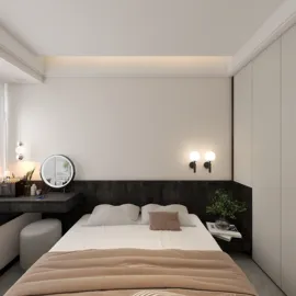 modern bedroom design featuring a comfortable bed with neutral bedding, smart furniture layout for small space optimization, showcasing Homestyler's real-time 3D rendering capability.